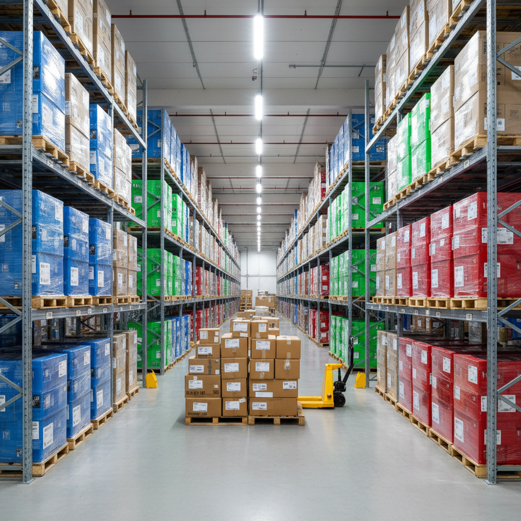 An organized interior of a logistics hub featuring color-coded pallets, neatly wrapped in clear stretch film, arranged in precise rows on industrial metal racking. A bright yellow pallet jack rests beside a stack of mixed-size cardboard parcels labeled with barcodes and destination tags. Overhead LED lights cast even, cool-white illumination, eliminating harsh shadows and highlighting the clean, dust-free concrete floor. The shot is taken from a slightly elevated angle with sharp focus throughout, creating a sense of order and control. The atmosphere is highly professional and efficient, showcasing the structured workflow of freight logistics in a realistic, photographic style suitable for a business website.