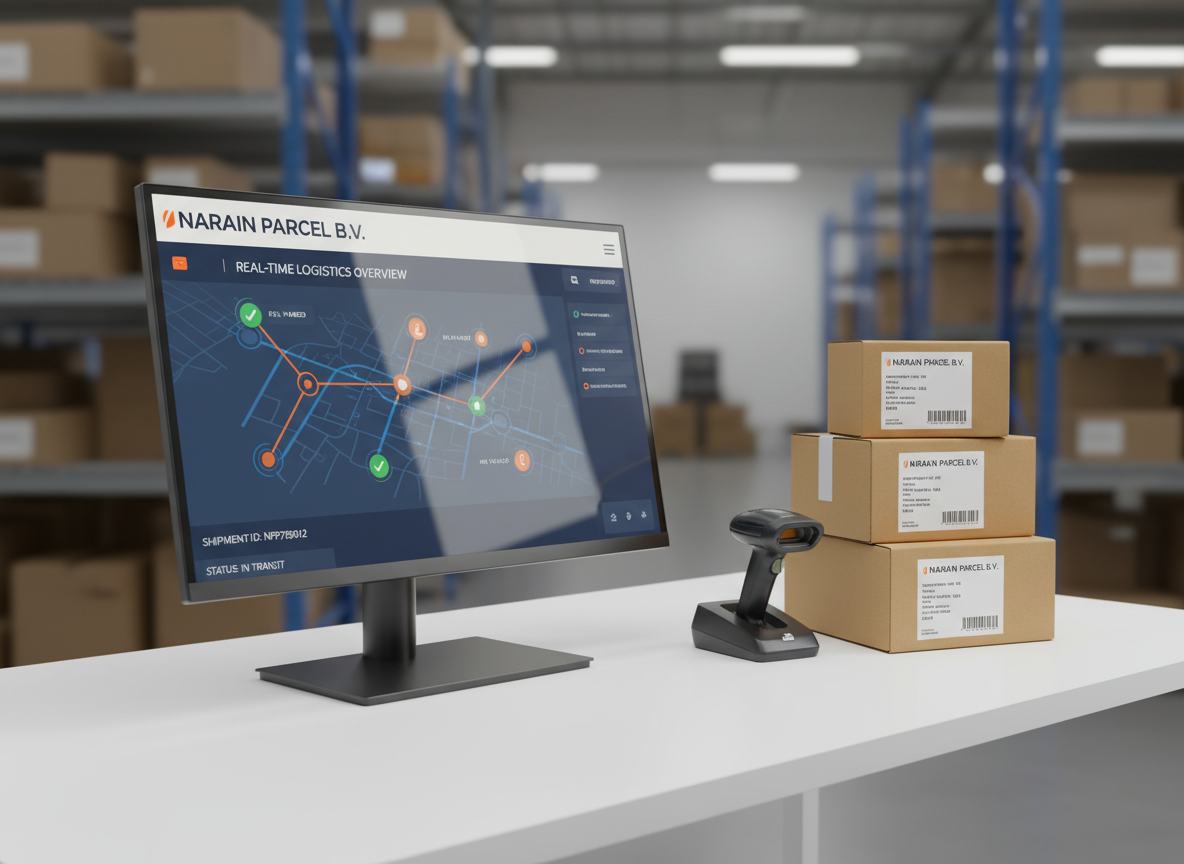 A minimalist logistics dashboard concept displayed on a sleek, thin-bezel industrial monitor standing on a clean white workstation beside stacked labelled parcels and a handheld barcode scanner cradle. The screen shows a clear map with route lines, delivery time estimates, and status icons in Narain Parcel B.V. brand colors, all rendered crisply in a modern UI style. Neutral, soft studio lighting creates gentle reflections on the monitor glass and a subtle gradient shadow behind the equipment. Captured from a three-quarter angle at desk height, with shallow depth of field that keeps the monitor and nearest parcels in sharp focus while the distant warehouse shelving blurs. The mood is high-tech, transparent, and customer-focused, highlighting real-time tracking and professional service.