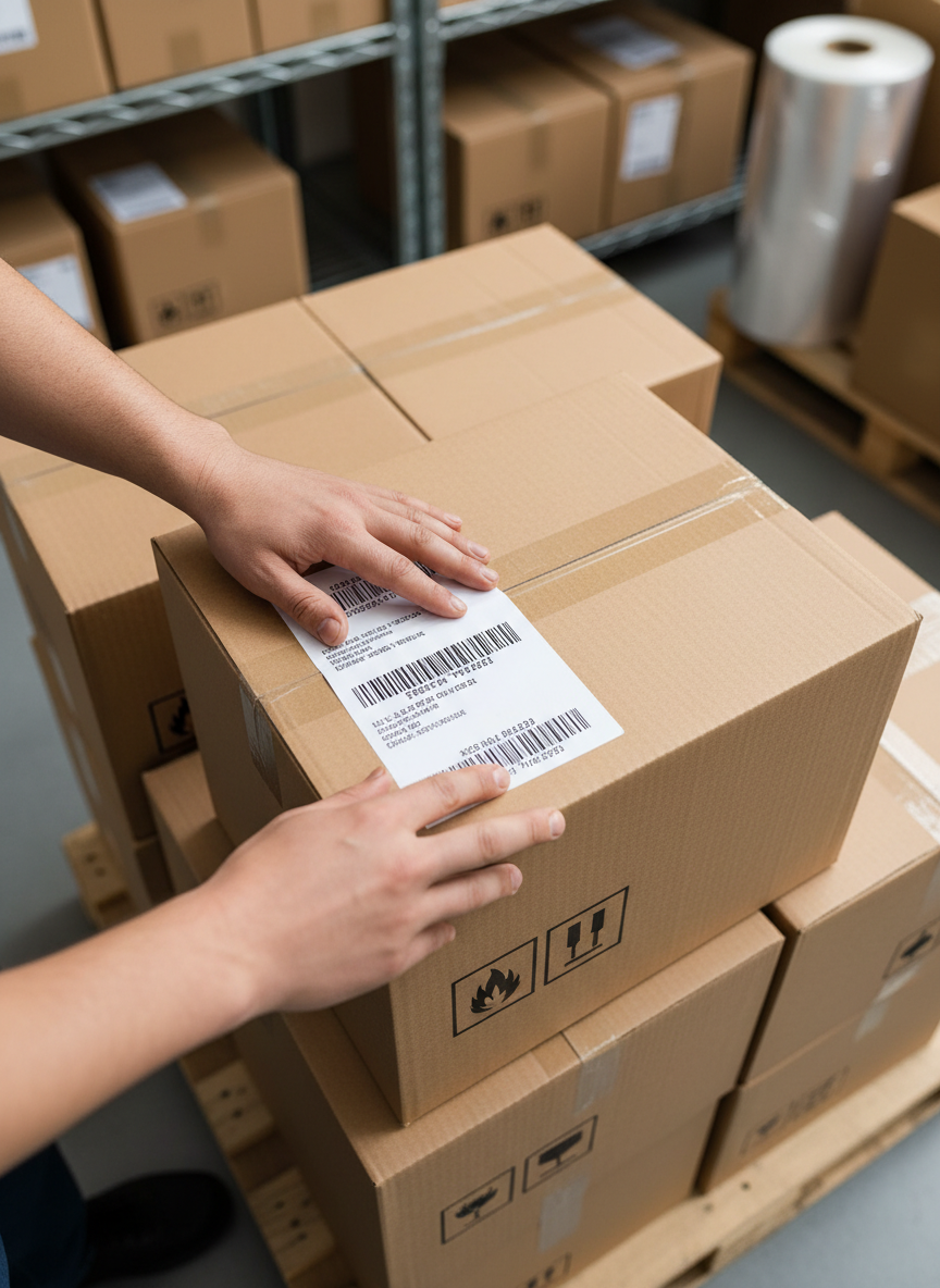 A detailed macro-style shot of a shipping label being applied to a medium-sized parcel, with the printed label already perfectly aligned on the top surface of a sturdy, slightly textured cardboard box sealed with clean, straight tape. Around it, other boxes are stacked in tidy columns on a euro pallet, marked with clear hazard and handling pictograms. Soft, even overhead lighting brings out the fine fibers of the cardboard and the crisp edges of the printed barcode, creating tiny, realistic shadows around the label. The background shows blurred shelving and plastic pallet wrap for context. Photographed from a high angle with shallow depth of field, the composition conveys meticulous attention to detail, accuracy, and professionalism in freight handling.