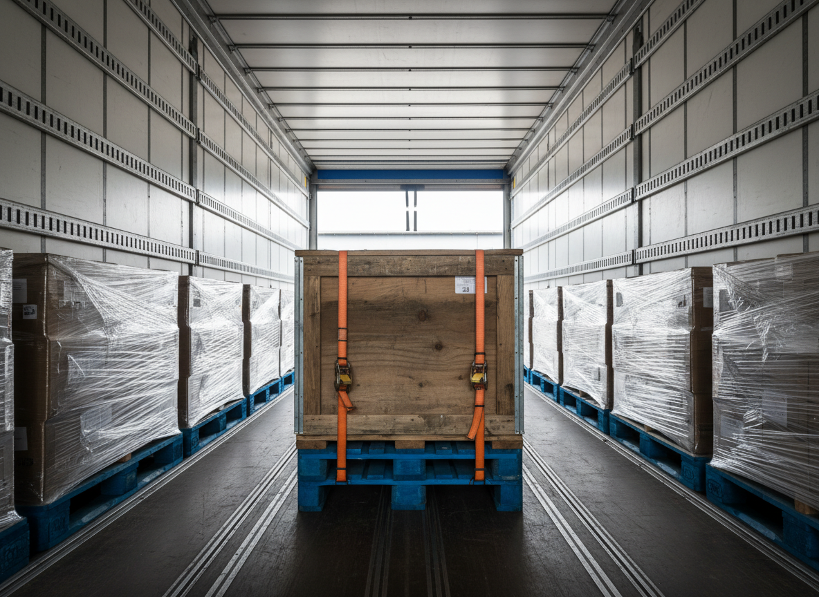 A robust heavy-duty wooden crate secured with bright orange ratchet straps on a blue euro pallet, carefully positioned inside a clean, high-roof freight trailer. The trailer’s interior walls are lined with horizontal load-lock rails, and additional pallets with shrink-wrapped goods are arranged in balanced rows along the sides. Diffused daylight streams in from the open rear doors, creating soft highlights on the crate’s textured wood grain and the metal buckle details, while casting long, gentle shadows toward the front. Shot from just inside the trailer looking outward, the composition uses leading lines of the floor grooves to draw the eye through the space. The mood is safe, methodical, and dependable, emphasising secure transport of heavy materials.