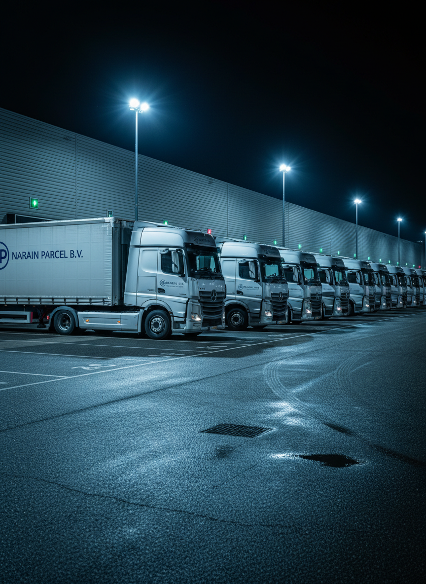 An atmospheric nighttime scene of a line of Narain Parcel B.V. trucks neatly positioned in a depot, each truck’s side and front subtly illuminated by tall, cool-white floodlights. The asphalt reflects small pools of light, showing faint tire marks and crisp parking bay numbers. A row of closed warehouse dock doors forms the backdrop, with red and green signal lights glowing above several bays. Shot from a slightly low angle in photographic realism, the leading truck dominates the foreground while the others recede in orderly perspective. The mood is calm, dependable, and reassuring, emphasizing 24/7 freight logistics operations and the company’s readiness to move parcels at any hour.