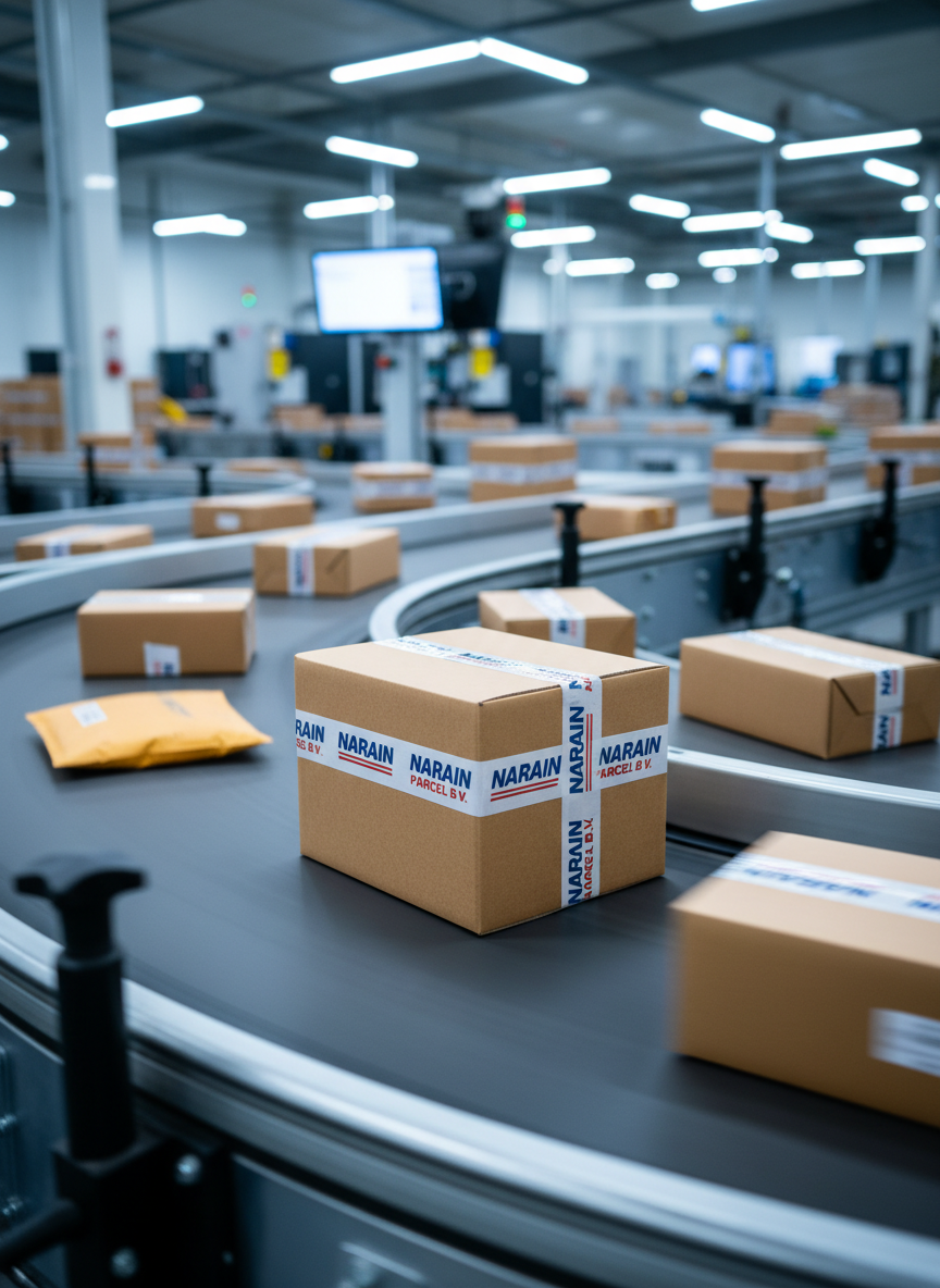 A dynamic close-up of a sturdy corrugated cardboard shipping box with Narain Parcel B.V. branded tape, positioned on a smooth conveyor belt system in a modern sorting facility. Surrounding it are other parcels of various sizes, slightly blurred to suggest motion, moving along curved metal rails. Cool-toned overhead lighting creates subtle reflections on the belt’s metallic edges and soft shadows beneath each package. The camera is positioned low and close, with a shallow depth of field that keeps the main box in crisp focus while the background fades into a gentle bokeh of machinery and stacked parcels. The mood is energetic yet controlled, communicating speed, precision, and reliability in parcel transport.