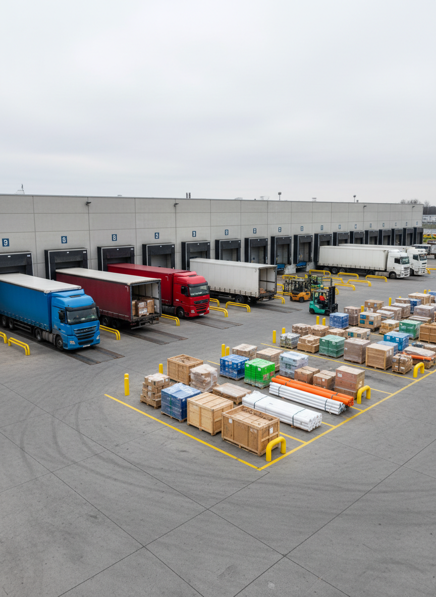 A cross-dock logistics scene with multiple open loading bays on a large warehouse facade, each bay fitted with black dock shelters and extended levelers touching waiting trailers. Colorful pallets loaded with mixed cartons, crates, and long tubular materials are arrayed on the concrete apron, separated by clearly marked safety walkways and yellow bollards. Overcast daylight provides soft, diffused illumination, reducing harsh contrast and emphasizing the matte textures of concrete and metal. Captured in wide-angle photographic realism from an elevated corner viewpoint, the composition shows trailers on one side and outbound pallets on the other, visually explaining efficient cross-docking. The mood is busy yet controlled, representing fast transfer of goods from inbound to outbound transport without chaos.